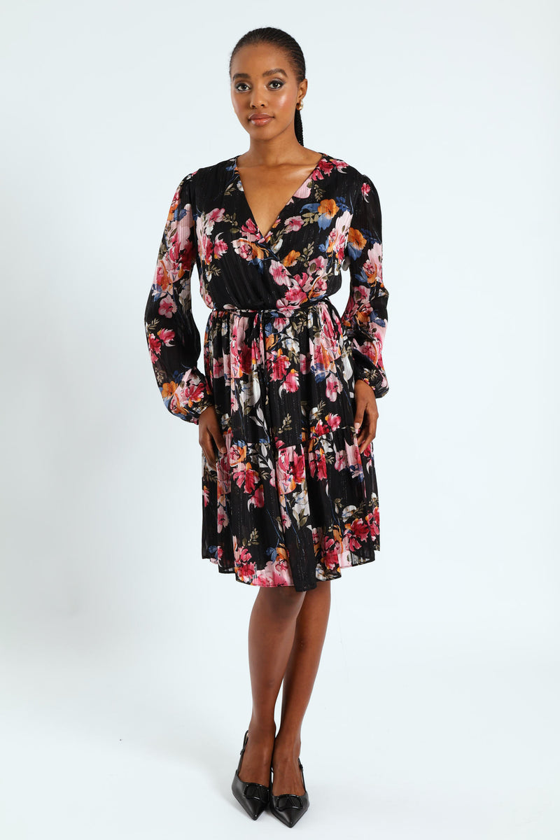 Wrap Waisted Frill Hem Tea Dress - Black