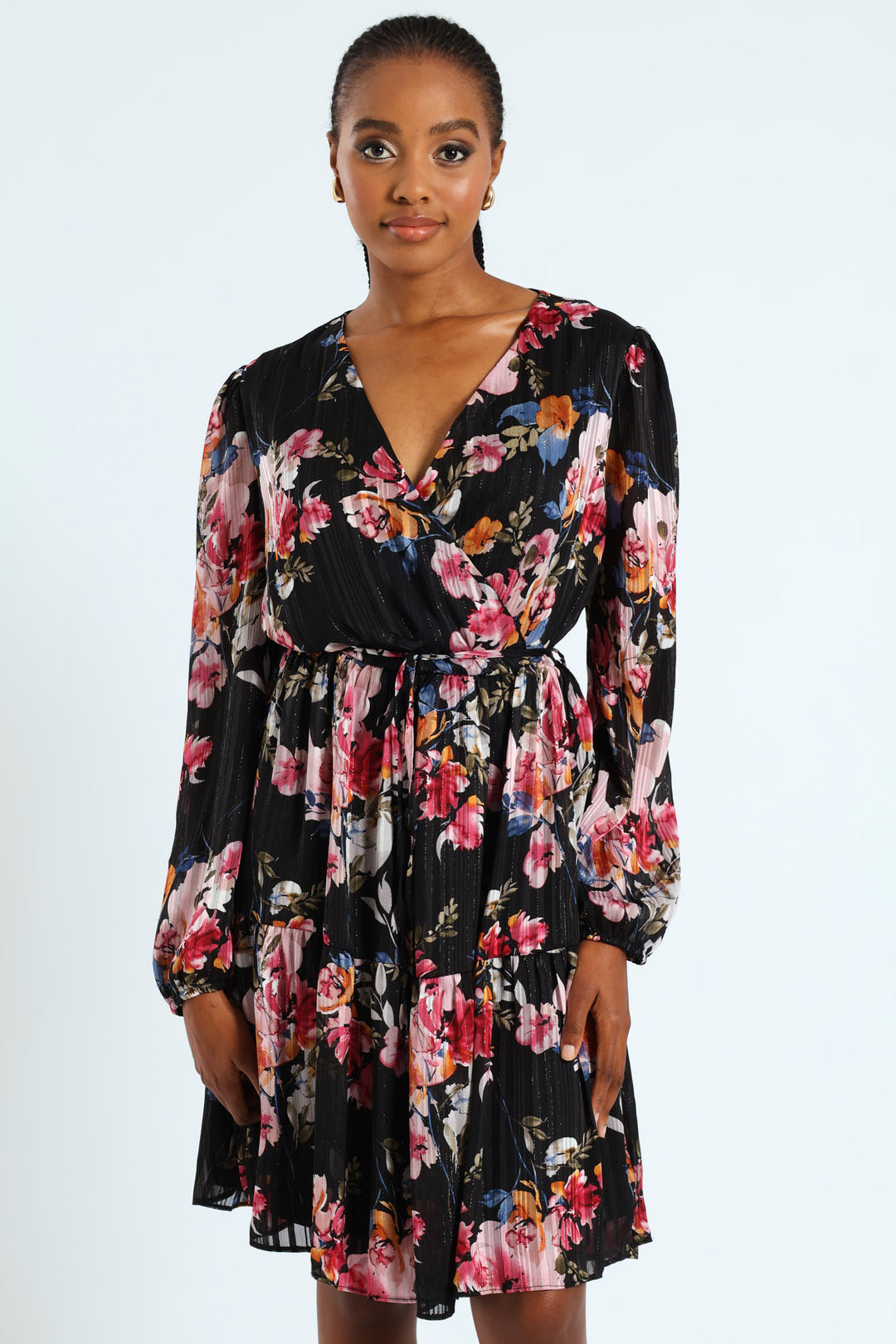 Wrap Waisted Frill Hem Tea Dress - Black