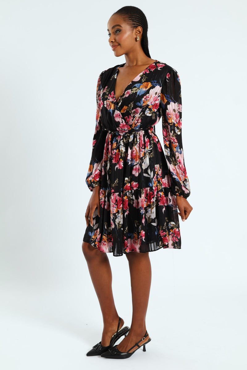 Wrap Waisted Frill Hem Tea Dress - Black