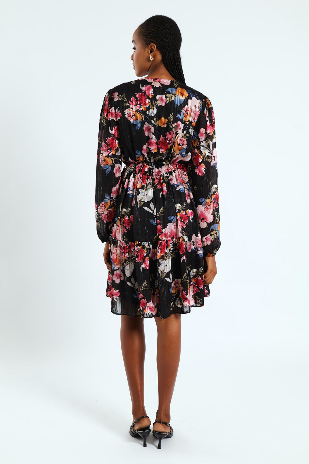 Wrap Waisted Frill Hem Tea Dress - Black