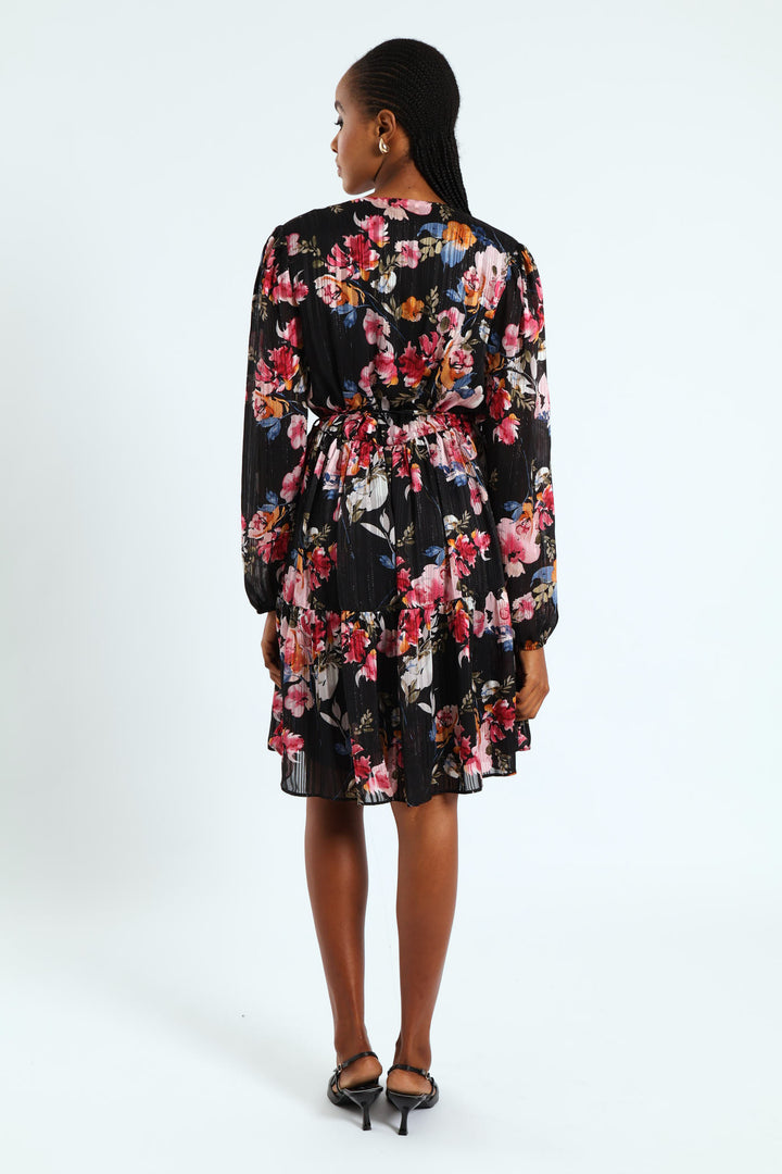 Wrap Waisted Frill Hem Tea Dress - Black