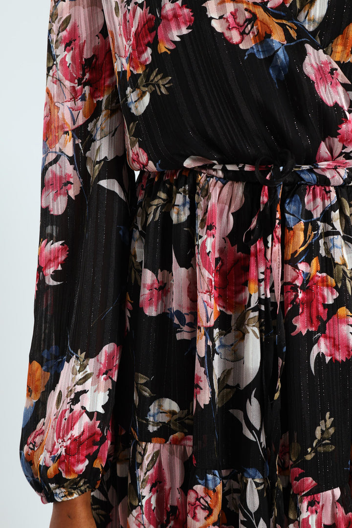 Wrap Waisted Frill Hem Tea Dress - Black