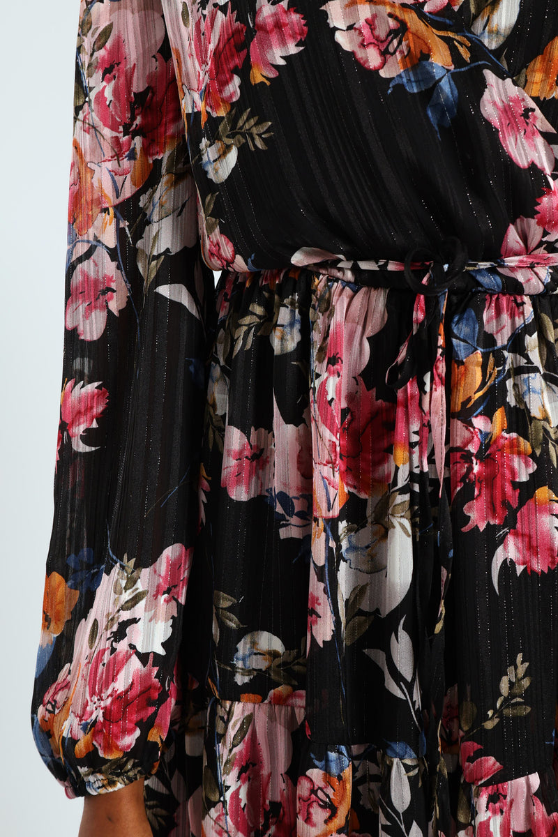Wrap Waisted Frill Hem Tea Dress - Black