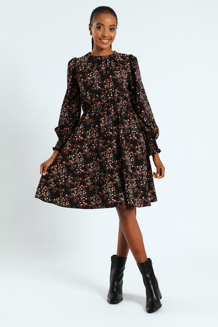 Shirred Cuff & Bodice Fit & Flare Dress