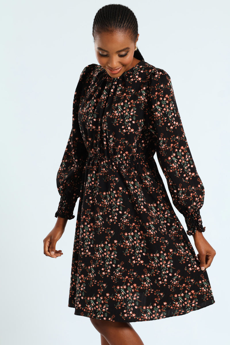 Shirred Cuff & Bodice Fit & Flare Dress