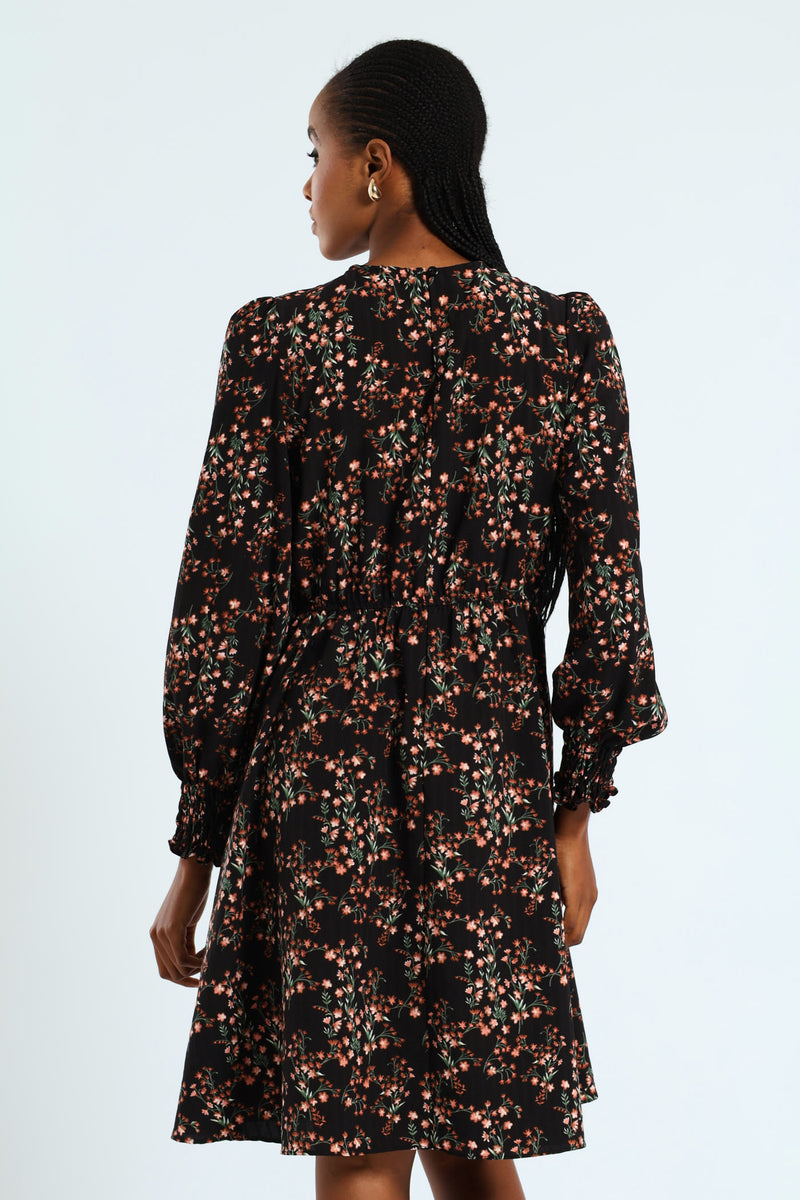 Shirred Cuff & Bodice Fit & Flare Dress
