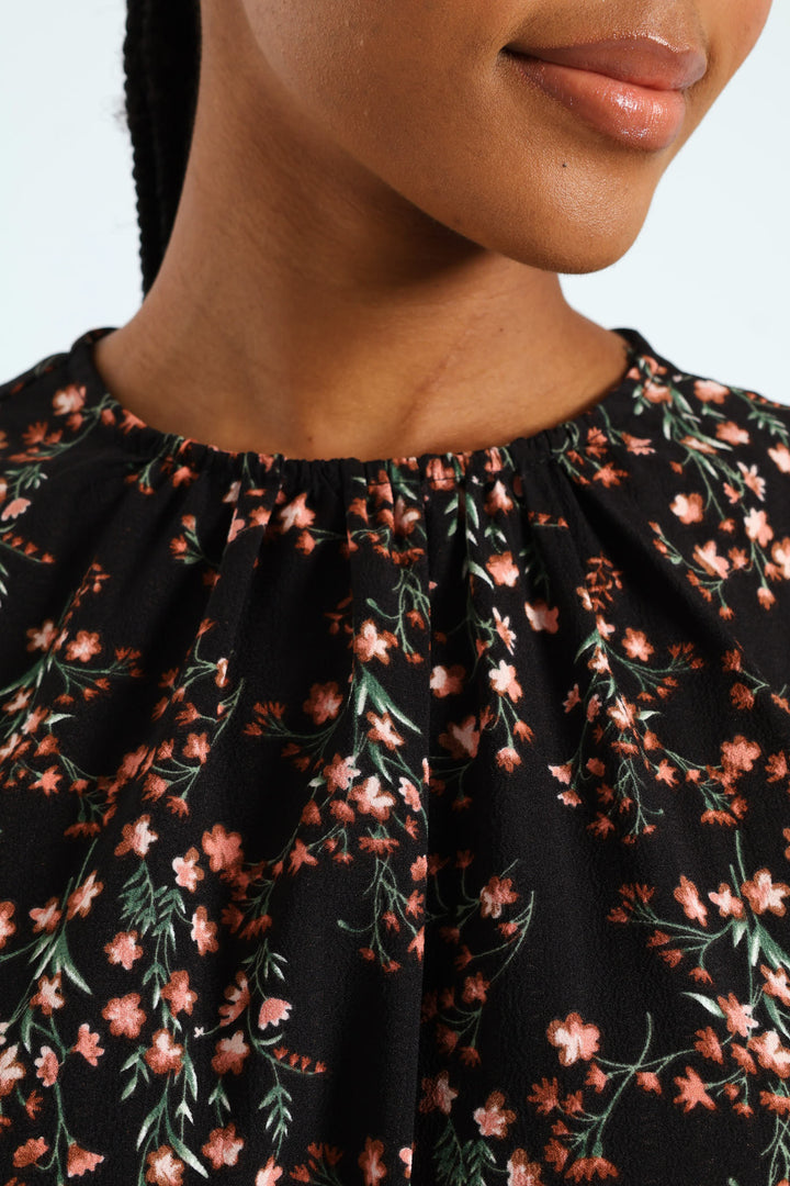 Shirred Cuff & Bodice Fit & Flare Dress