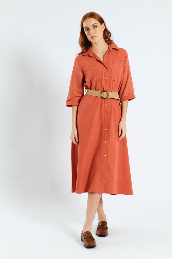 3/4 Sleeve Raffia Belt Midaxi Shirt Dress - Terracotta