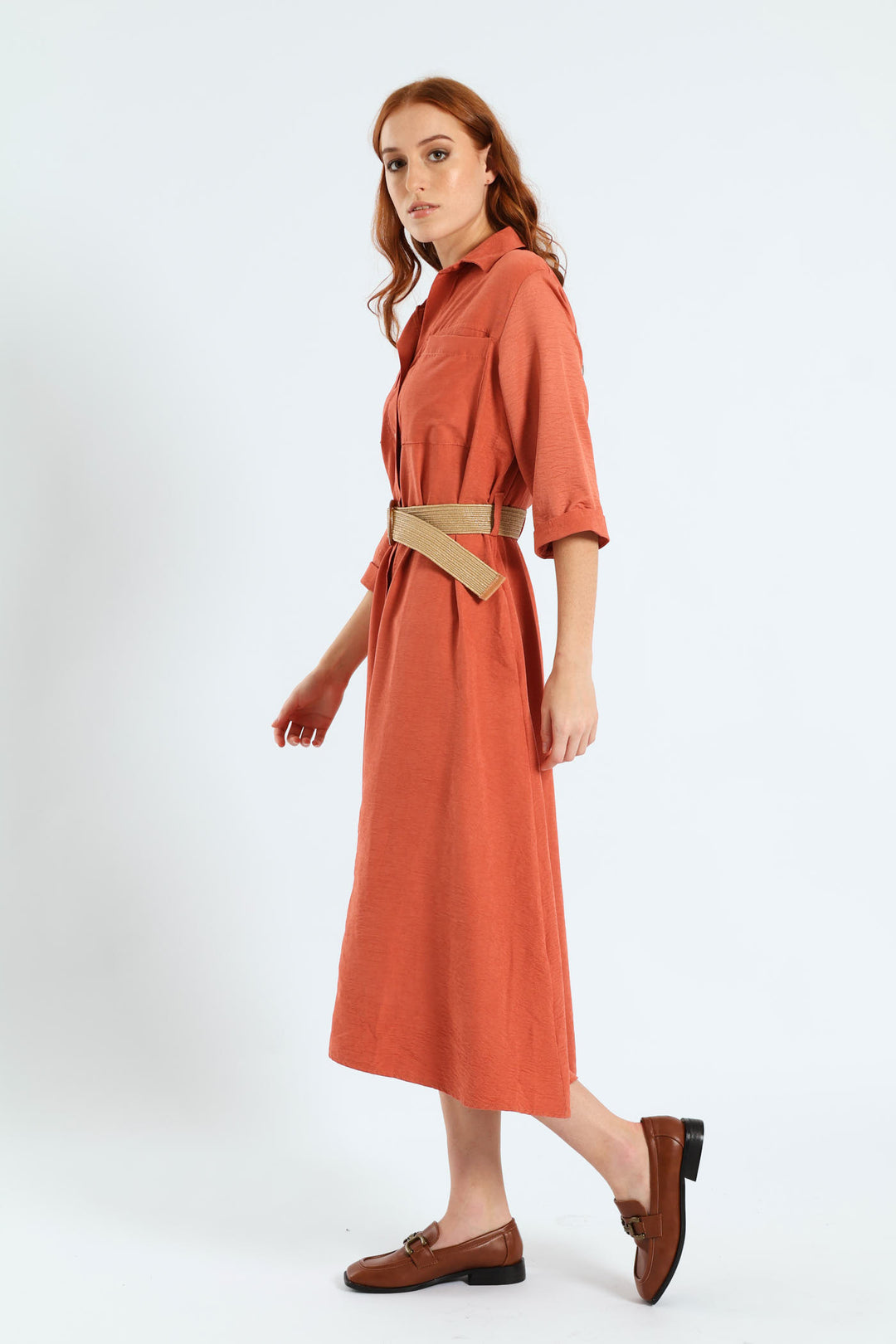 3/4 Sleeve Raffia Belt Midaxi Shirt Dress - Terracotta