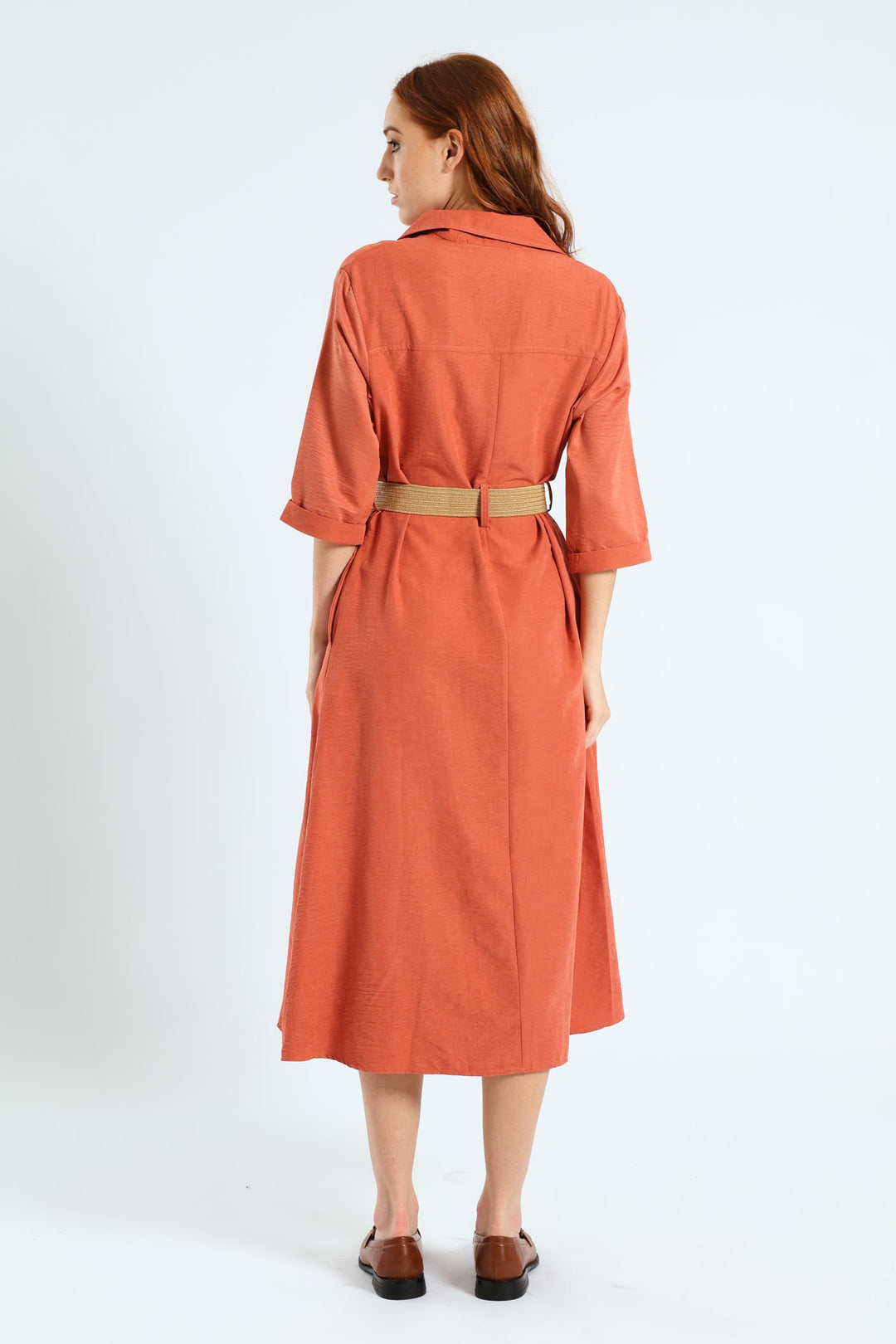 3/4 Sleeve Raffia Belt Midaxi Shirt Dress - Terracotta