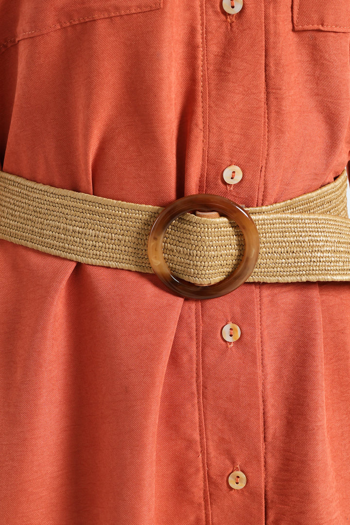 3/4 Sleeve Raffia Belt Midaxi Shirt Dress - Terracotta