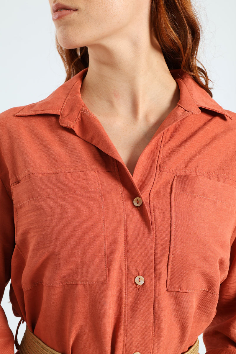3/4 Sleeve Raffia Belt Midaxi Shirt Dress - Terracotta