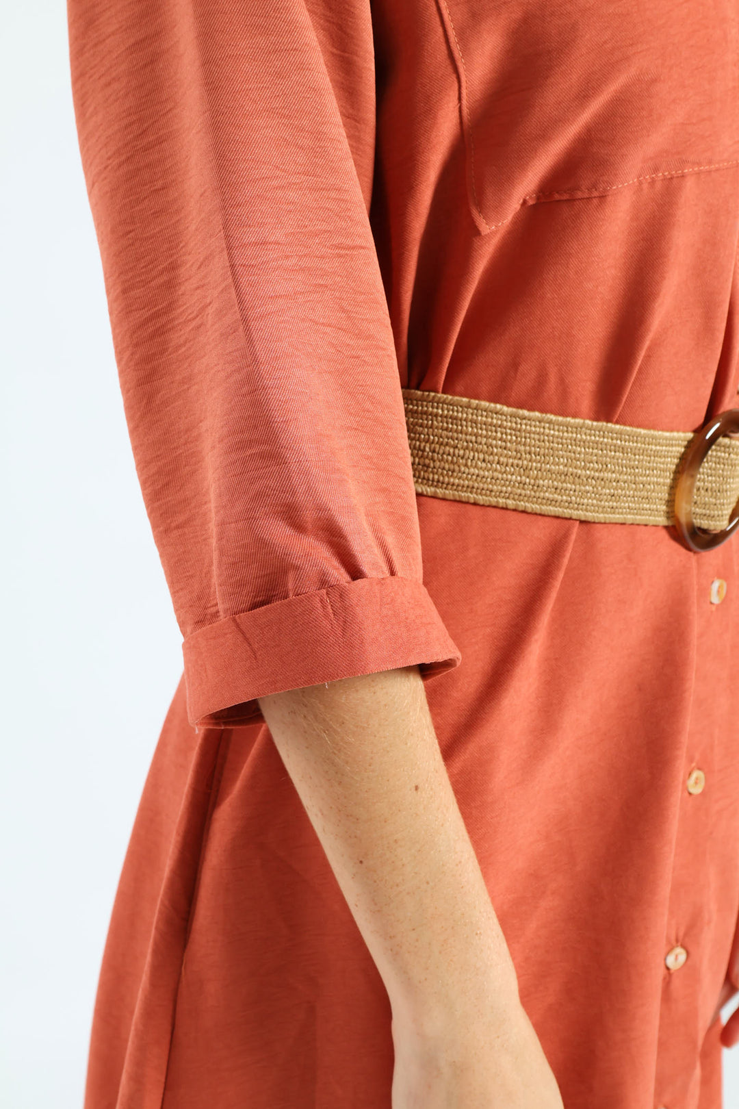 3/4 Sleeve Raffia Belt Midaxi Shirt Dress - Terracotta