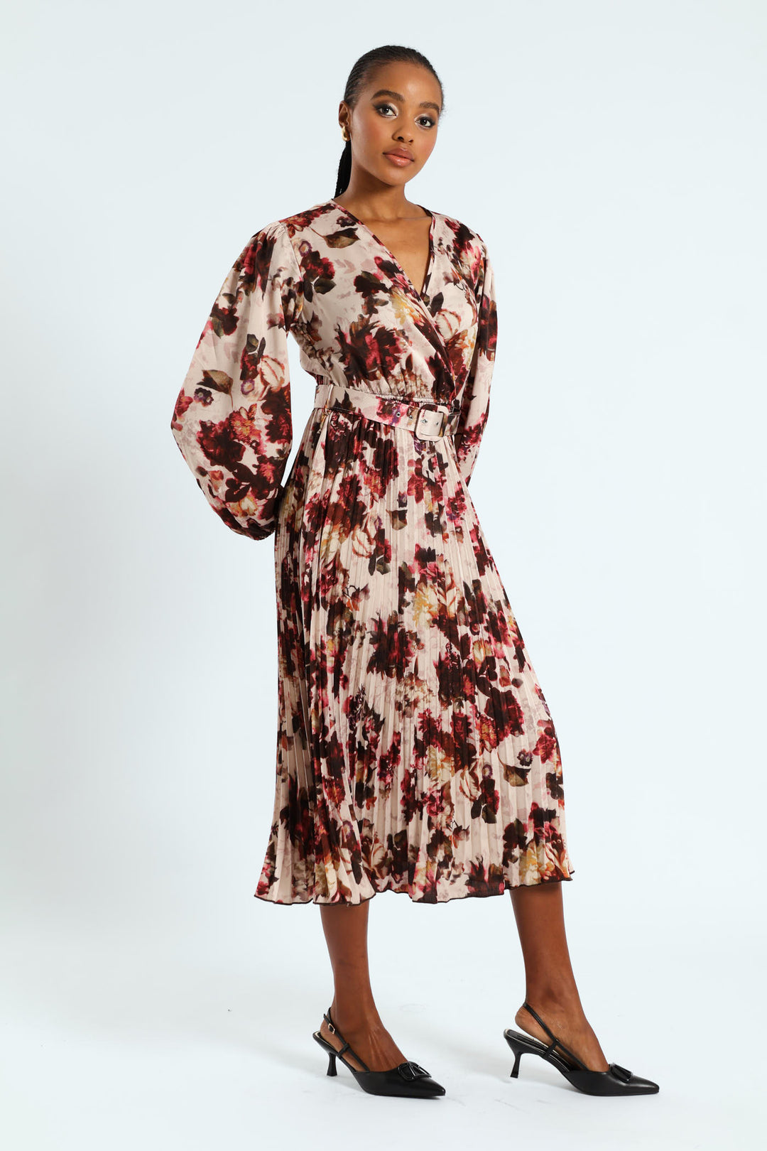 Pleated Satin Belted Wrap Maxi Dress - Cream