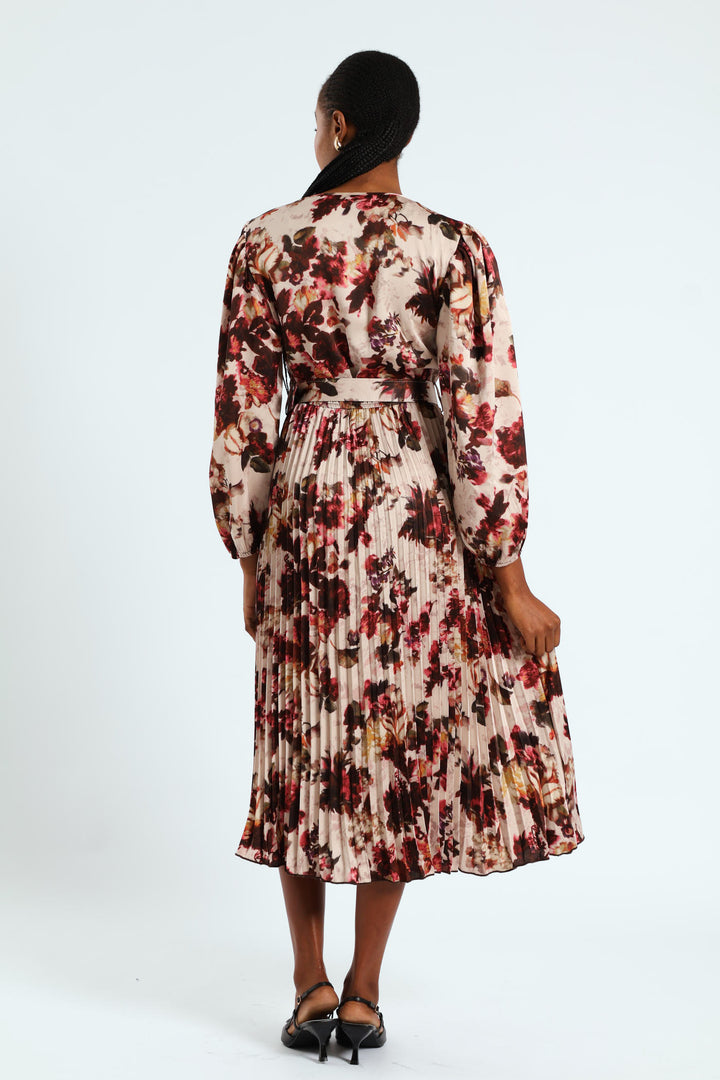 Pleated Satin Belted Wrap Maxi Dress - Cream