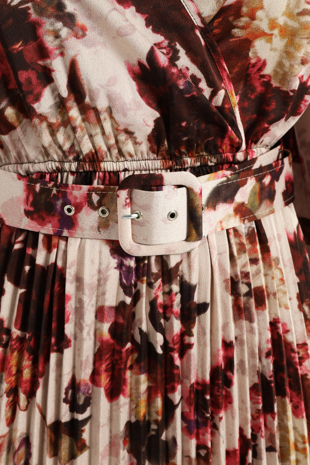 Pleated Satin Belted Wrap Maxi Dress - Cream