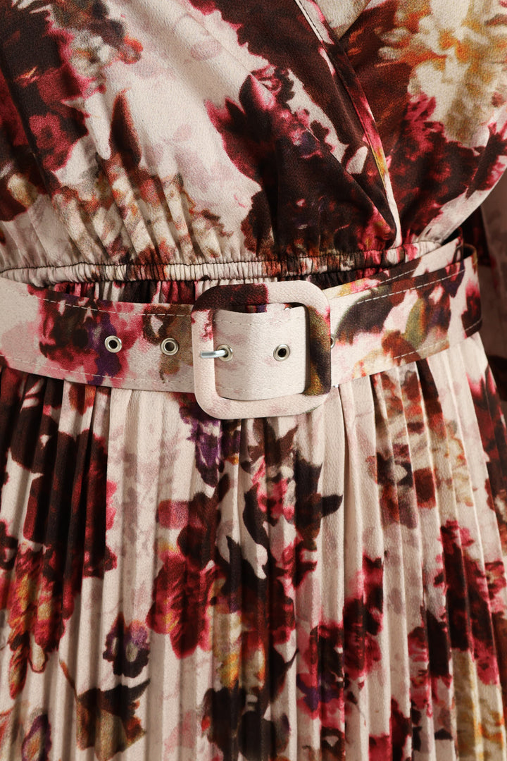 Pleated Satin Belted Wrap Maxi Dress - Cream