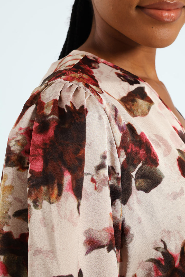 Pleated Satin Belted Wrap Maxi Dress - Cream