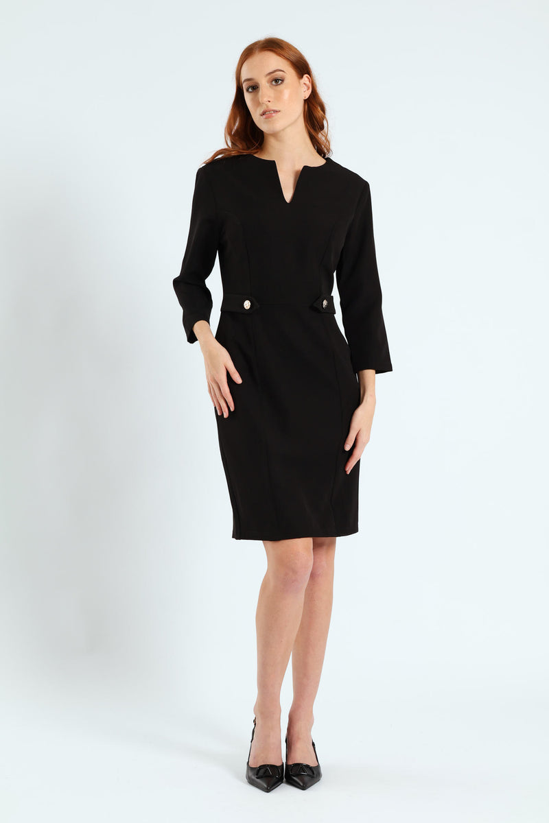 Notch Neck Work Pencil Dress - Black