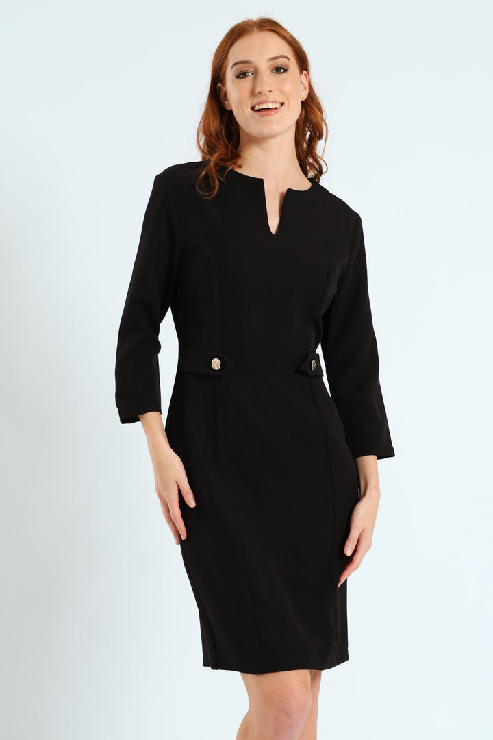 Notch Neck Work Pencil Dress - Black