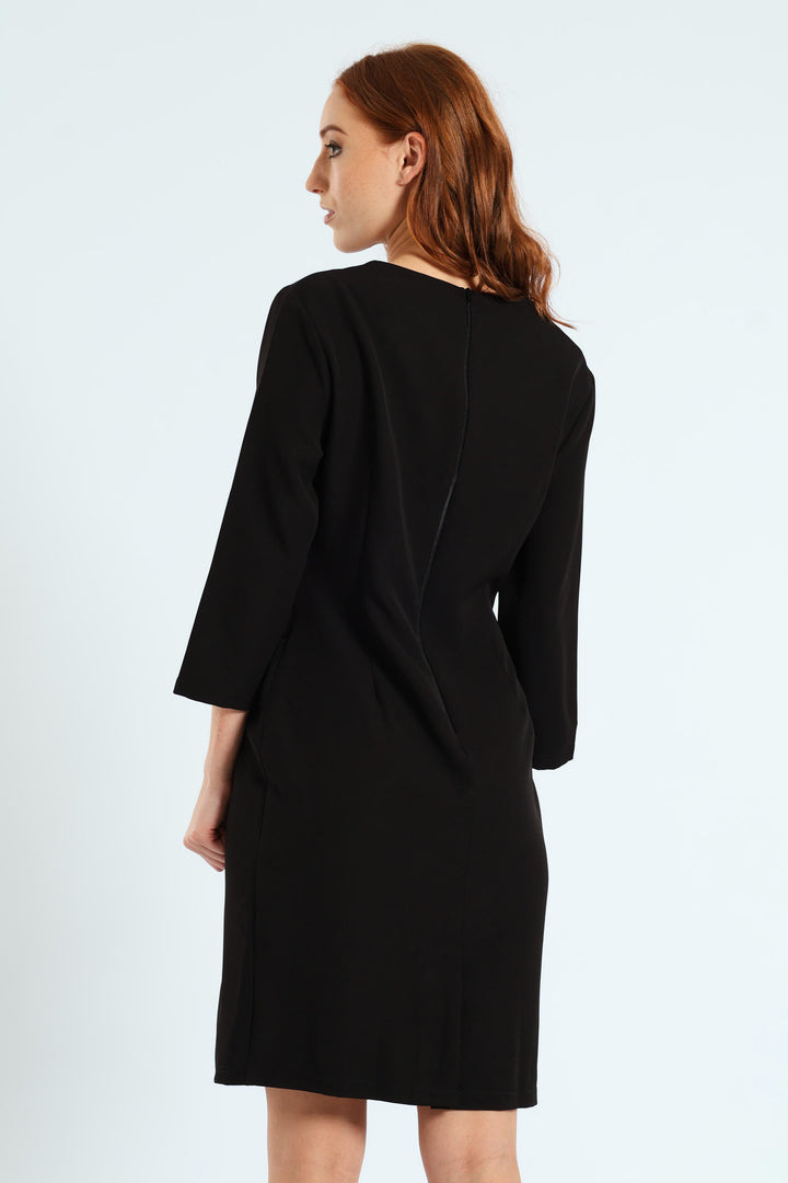 Notch Neck Work Pencil Dress - Black