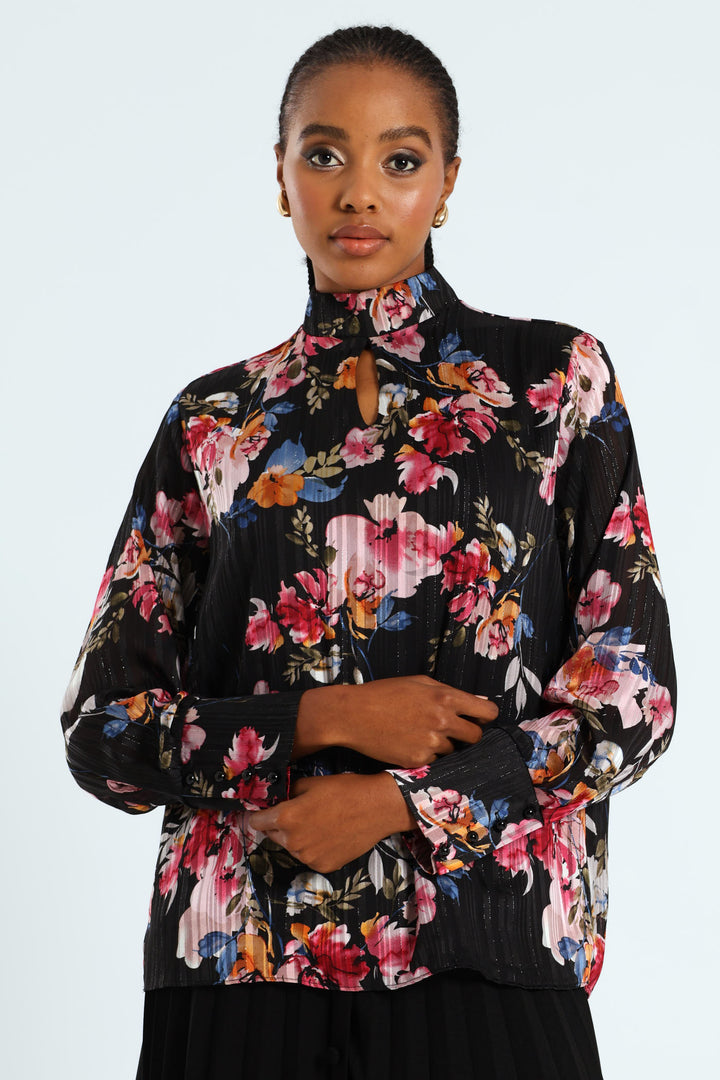 Hi Neck Floral Keyhole Blouse - Black
