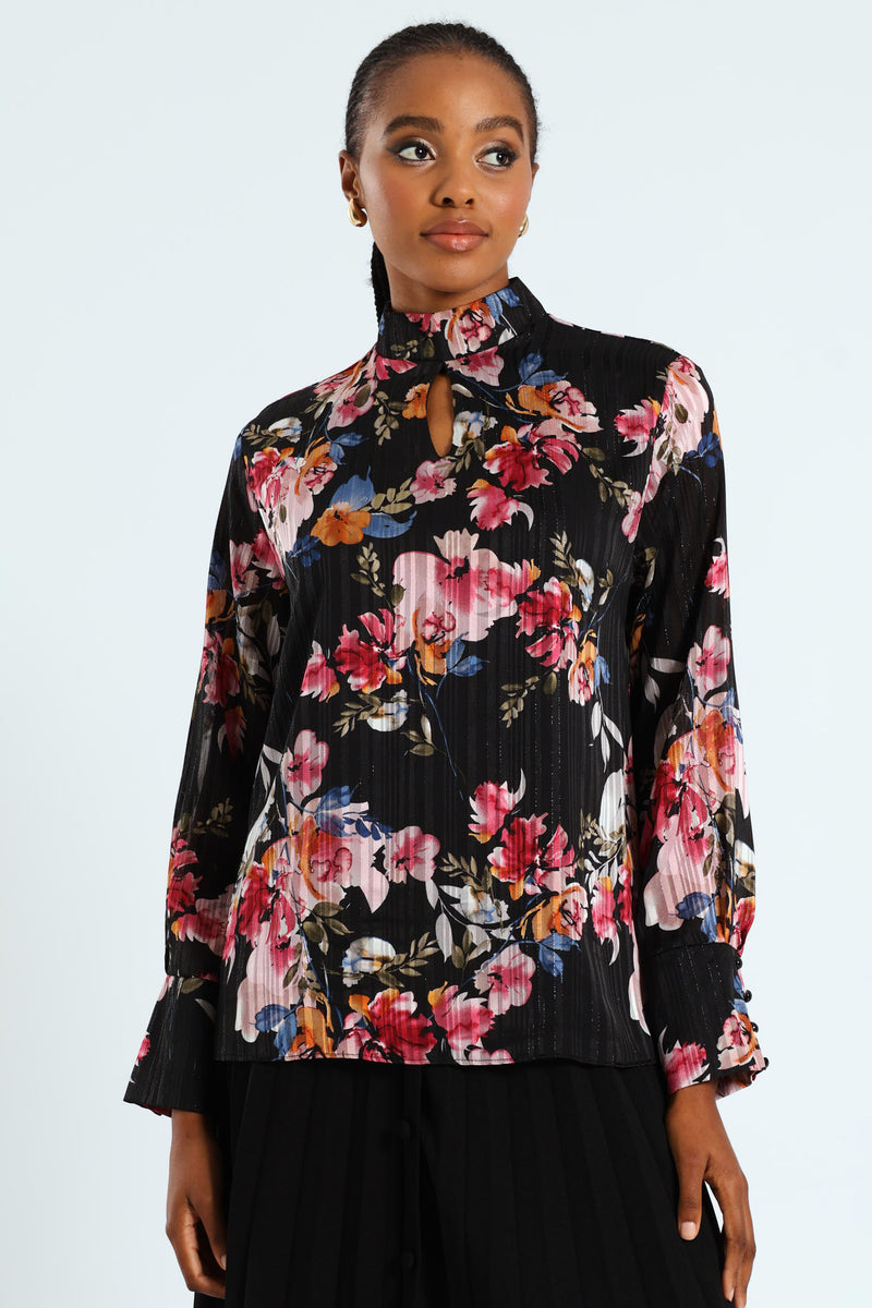 Hi Neck Floral Keyhole Blouse - Black