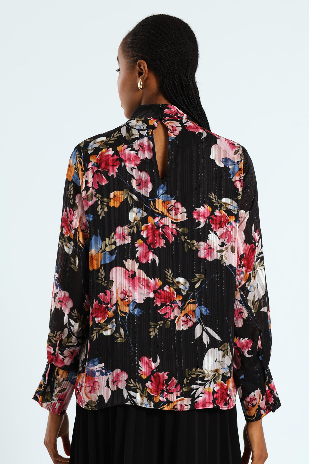 Hi Neck Floral Keyhole Blouse - Black