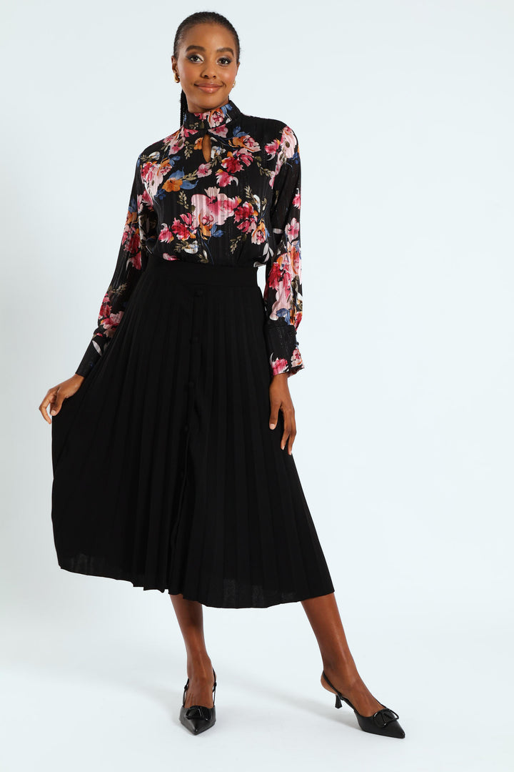 Button Through Pleated Midi Skirt - Black