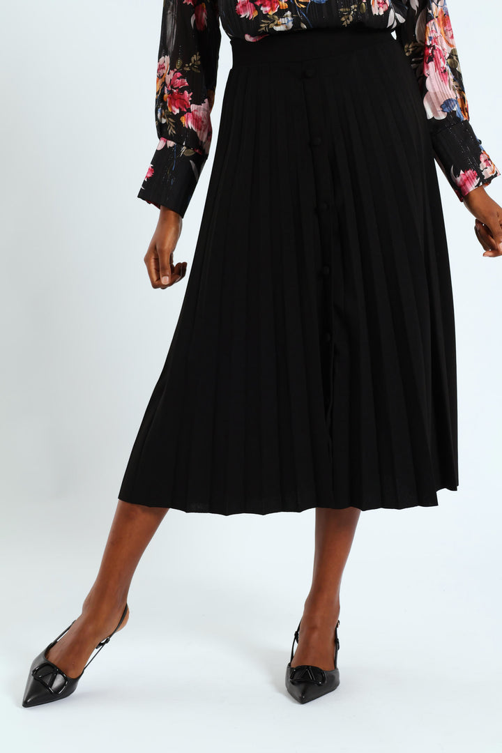 Button Through Pleated Midi Skirt - Black