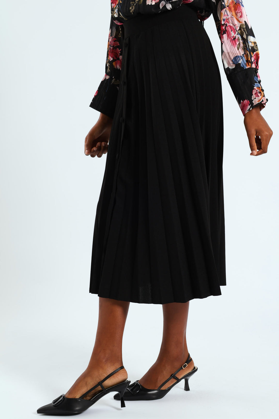 Button Through Pleated Midi Skirt - Black