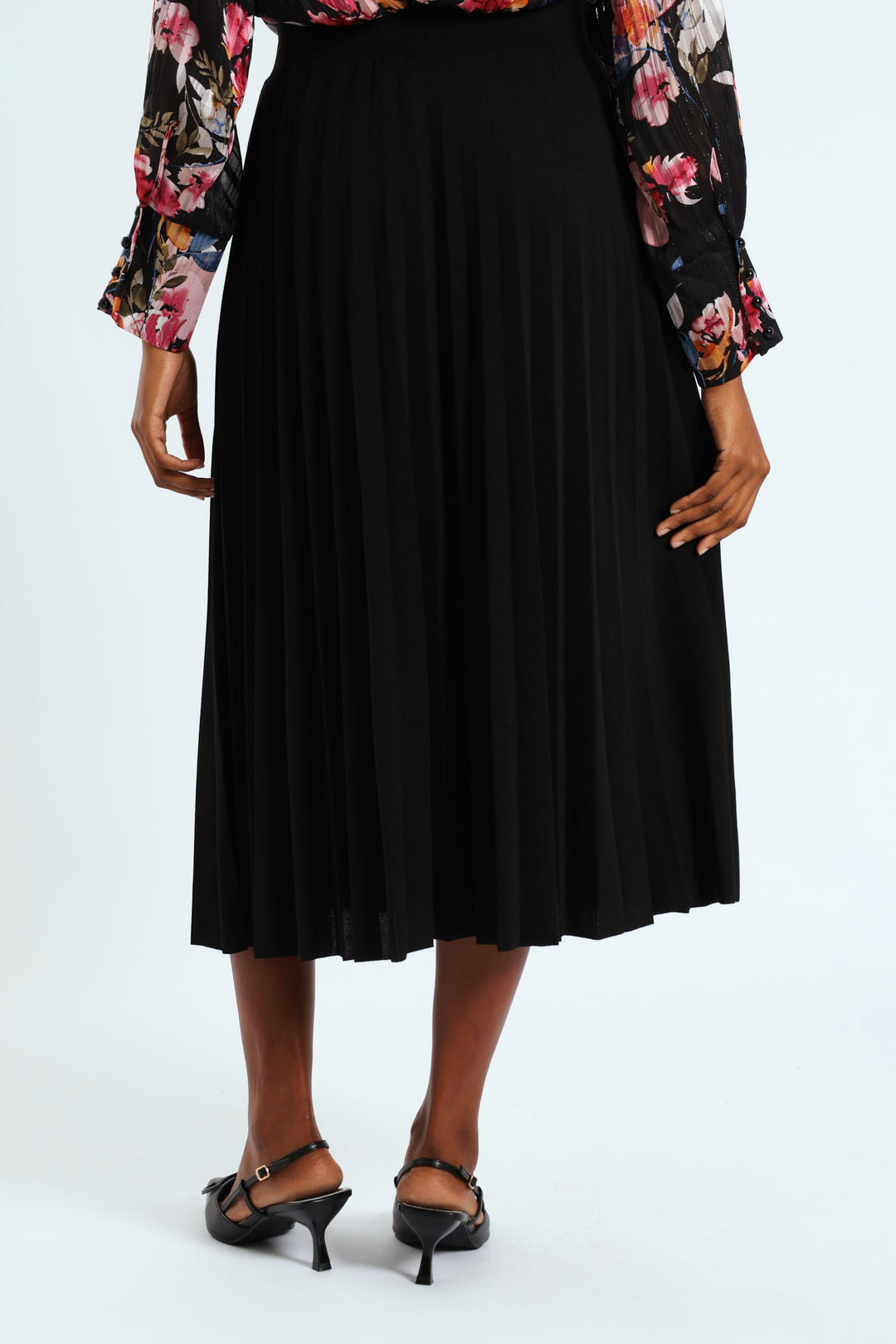 Button Through Pleated Midi Skirt - Black