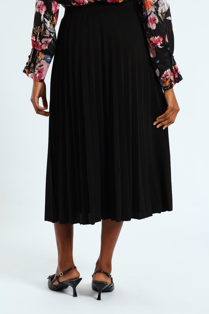 Button Through Pleated Midi Skirt - Black
