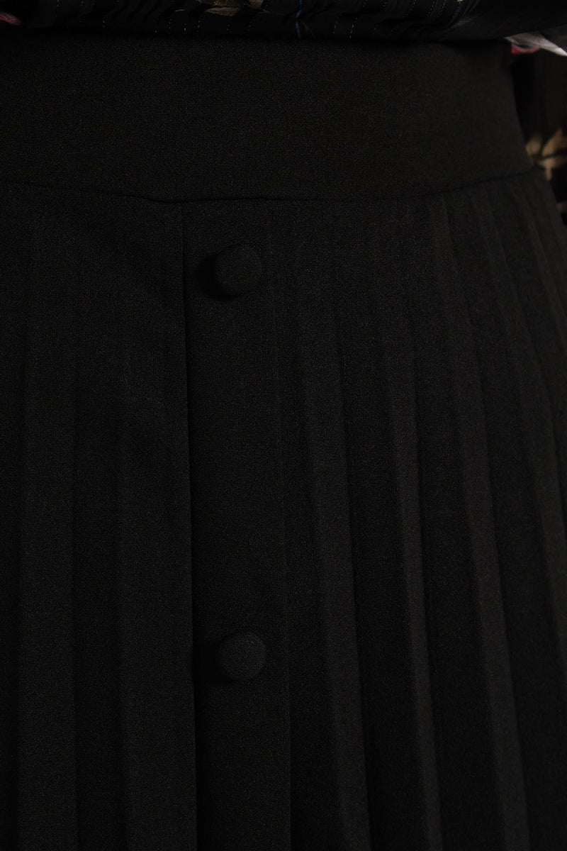 Button Through Pleated Midi Skirt - Black