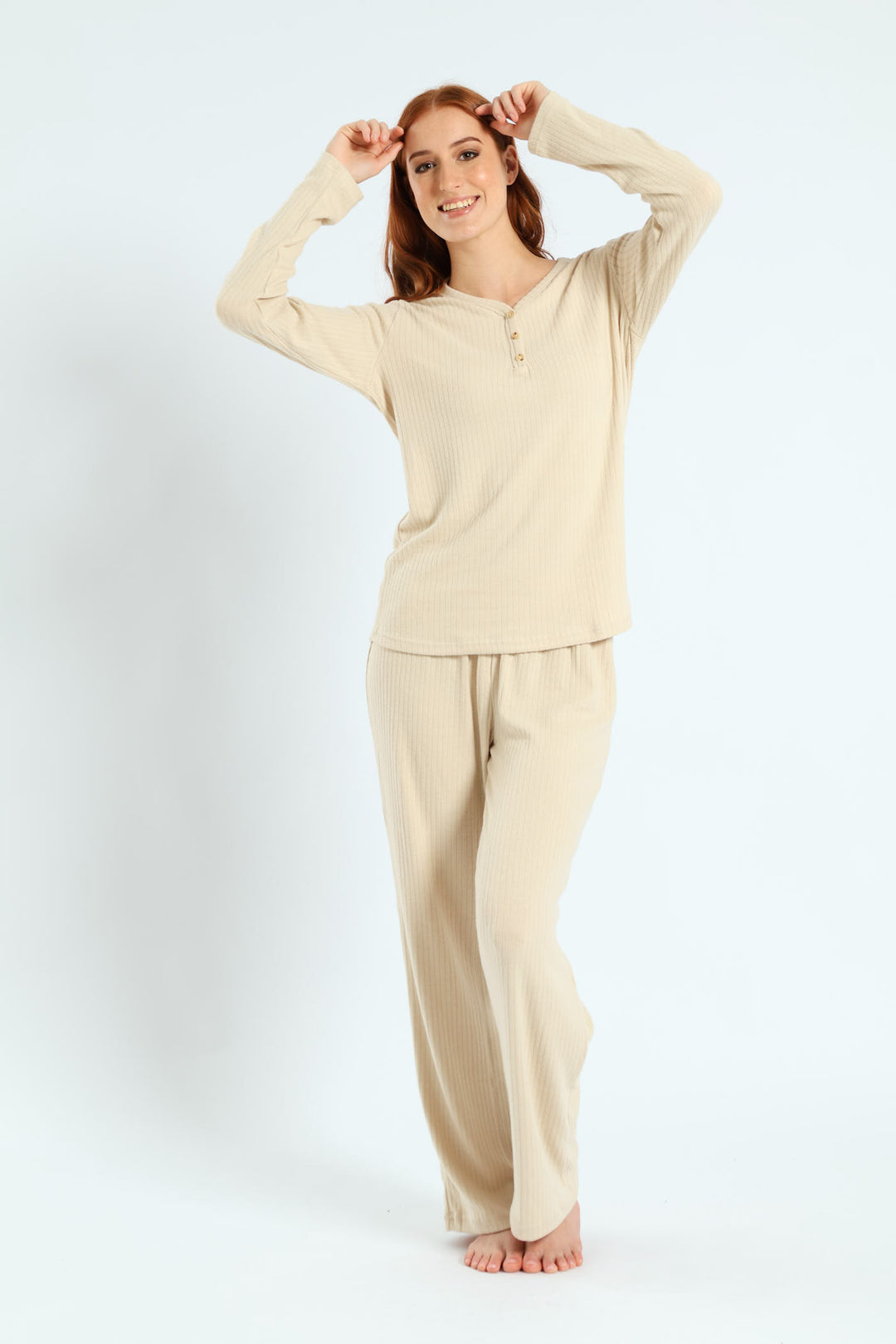 Long Sleeve Brushed Rib Tee - Beige
