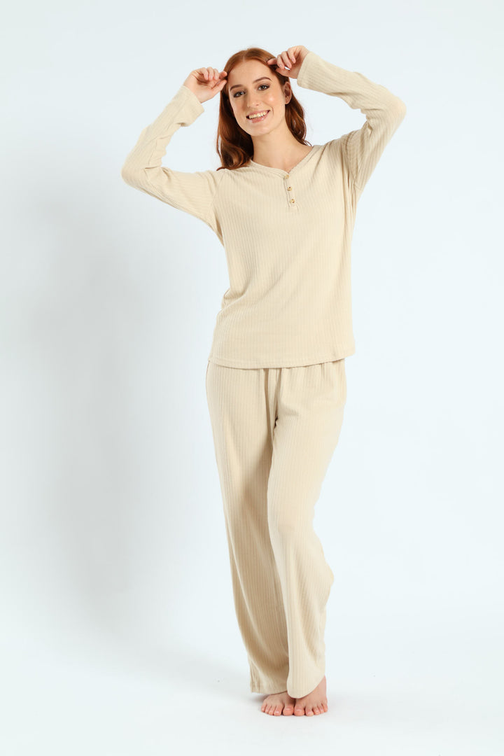 Long Sleeve Brushed Rib Tee - Beige