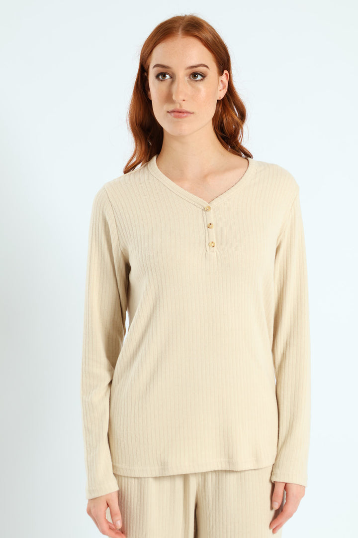 Long Sleeve Brushed Rib Tee - Beige