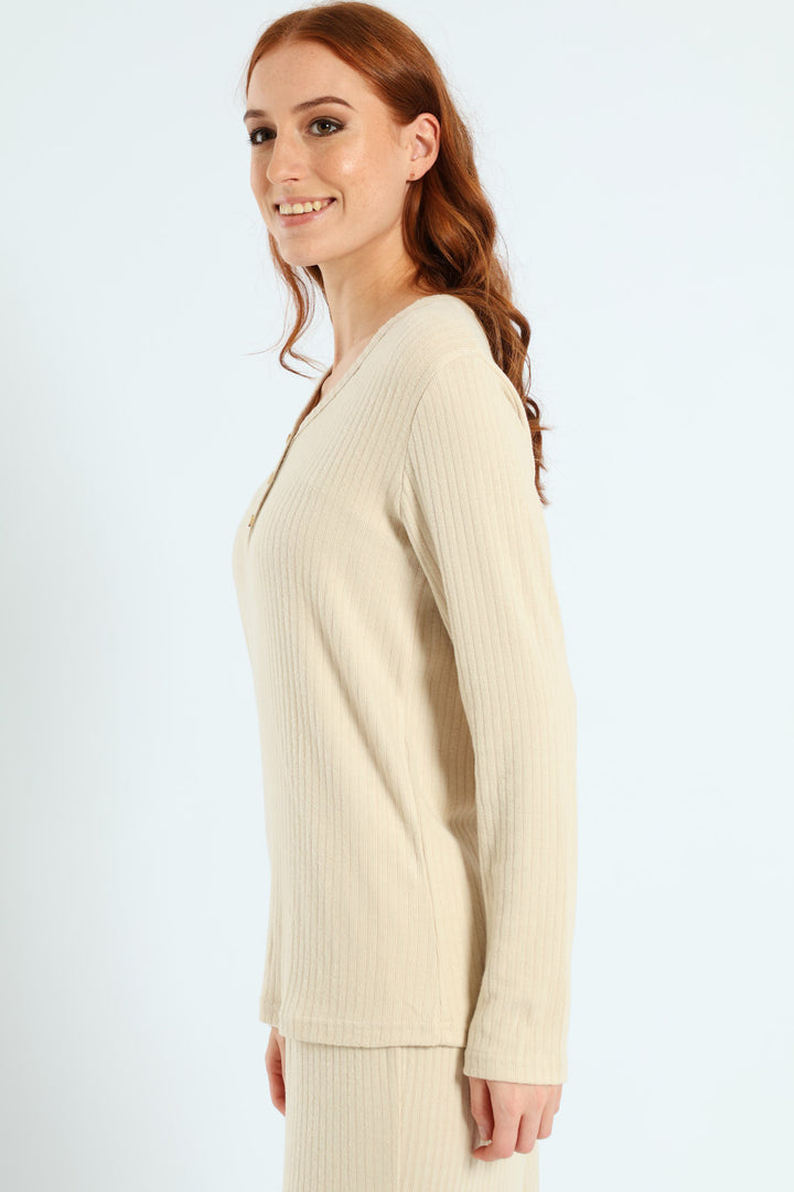 Long Sleeve Brushed Rib Tee - Beige