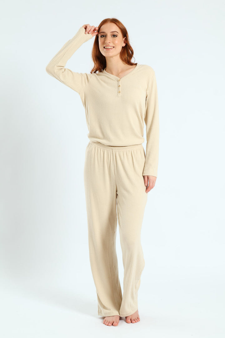 Straight Leg Brushed Rib Pant - Beige
