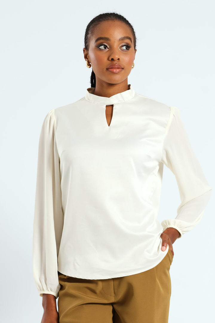 Hi Neck Keyhole Combo Blouse - Cream