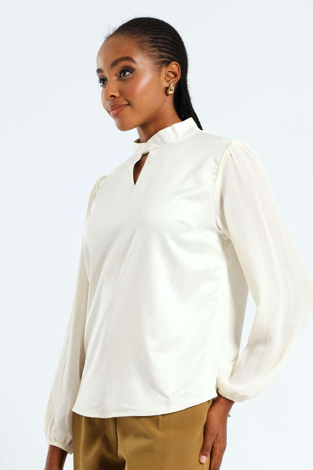 Hi Neck Keyhole Combo Blouse - Cream