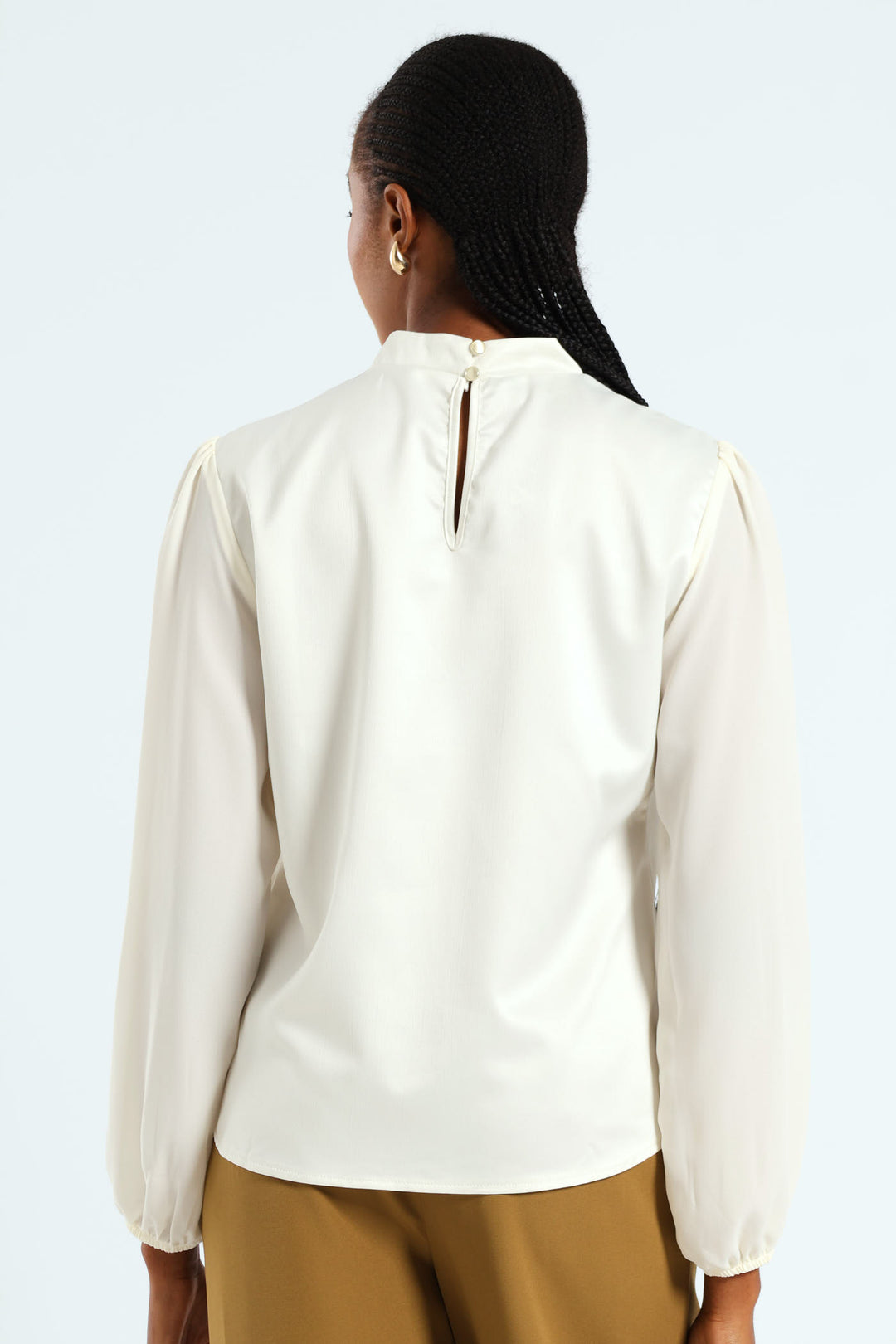 Hi Neck Keyhole Combo Blouse - Cream