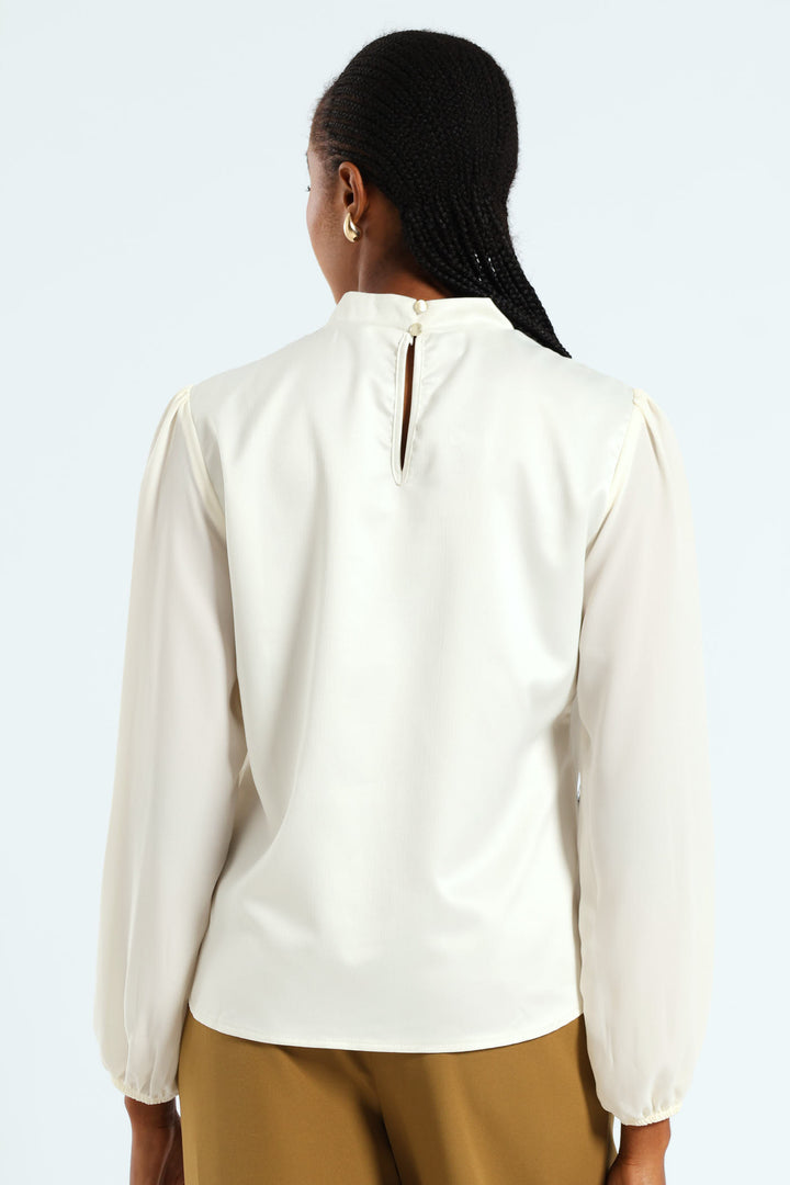 Hi Neck Keyhole Combo Blouse - Cream