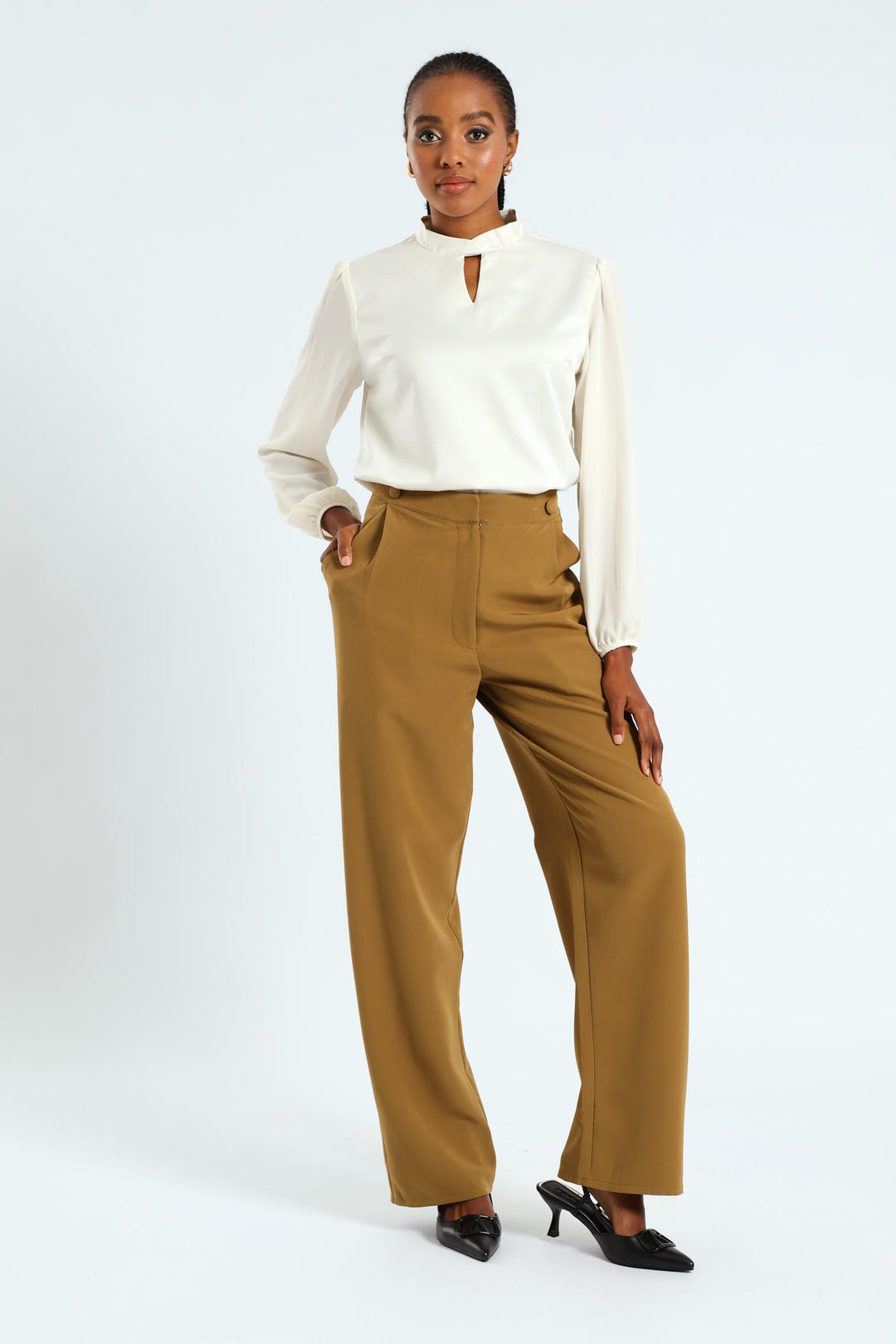 Double Button Wide Leg Pant - Olive