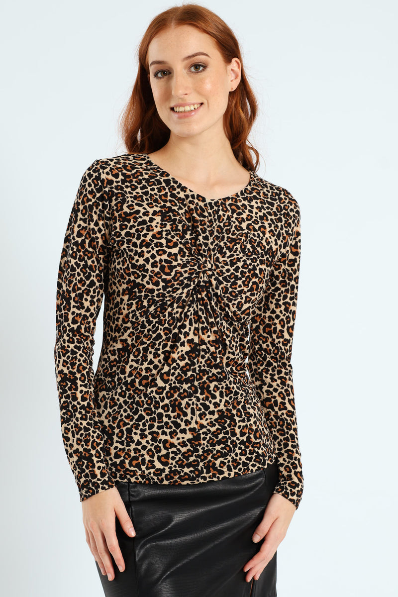 Long Sleeve Knot Front Rib Top - Animal Print