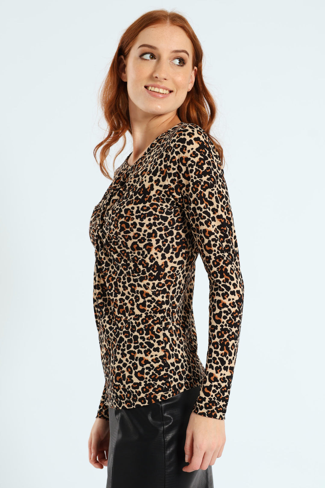 Long Sleeve Knot Front Rib Top - Animal Print