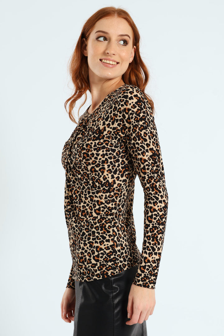 Long Sleeve Knot Front Rib Top - Animal Print