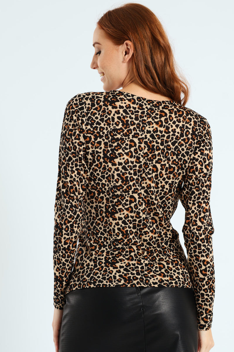 Long Sleeve Knot Front Rib Top - Animal Print