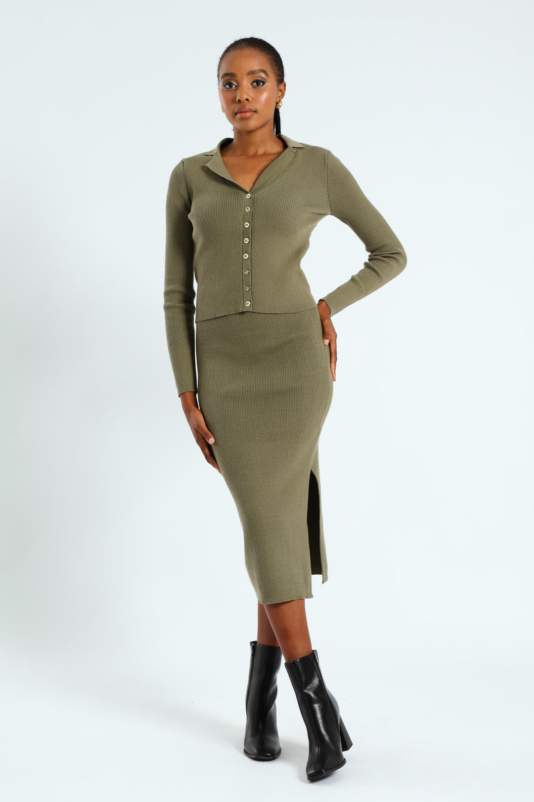 Collared Button Through Knitwear Top - Artichoke Green