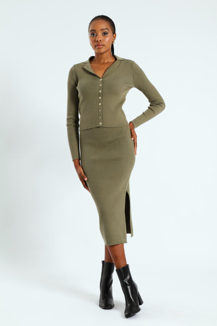 Collared Button Through Knitwear Top - Artichoke Green